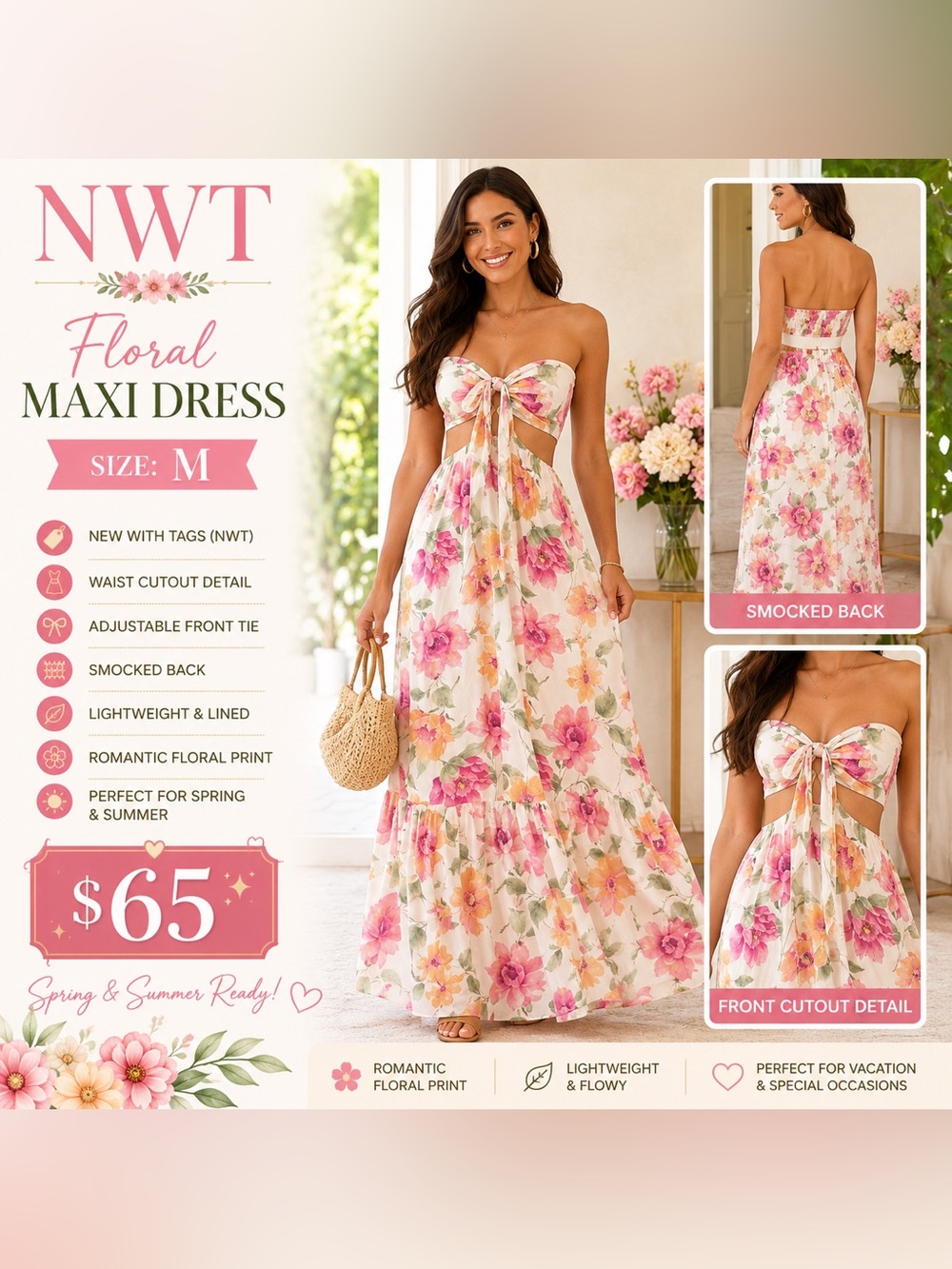 Romantic Pink Floral Maxi Dress with Front Tie